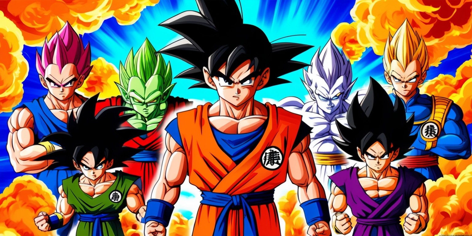 A vibrant, dynamic illustration showcasing the iconic characters from the Dragon Ball DAIMA series, set against a bold, electric blue background with swirling clouds of orange and yellow, evoking a sense of high-energy action and adventure. Goku, with his signature spiky black hair and determined expression, stands at the forefront, clad in his classic orange gi, with a fierce aura radiating from his intense brown eyes. Vegeta, Broly, and other legendary warriors from the series are positioned around him, each with their unique facial features, skin tones, and powerful stances, as if ready to jump into battle at any moment. The characters' attire and accessories, such as Goku's red sash and Vegeta's royal crest, are meticulously detailed and colorful, while the overall style blends traditional Asian-inspired motifs with a modern, high-octane aesthetic. The composition is balanced and cinematic, with each element precisely placed to evoke a sense of drama and tension, as if the viewer is about to witness an epic showdown.