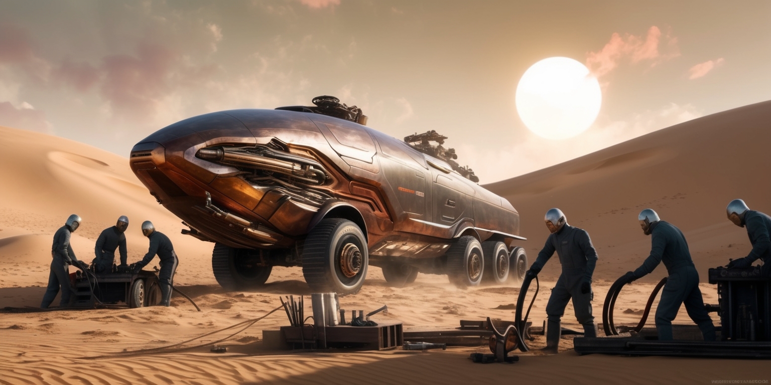 A futuristic, desert landscape of Arrakis, with a massive, sleek vehicle in the center, being crafted by a group of workers in stillsuits, amidst a backdrop of vast, sandy dunes and twin suns, the vehicle's metallic body glistening in the light, with intricate, metallic details and a mix of copper, silver, and dark brown hues, set against a warm, golden sky with hints of crimson and orange, the workers' faces determined, with sharp jawlines, worn skin, and intense, focused eyes, as they assemble the vehicle's complex components, with tools and machinery scattered around, and a faint, subtle logo of the Bene Gesserit or the Atreides family embossed on the vehicle's side, in a bold, curved font.