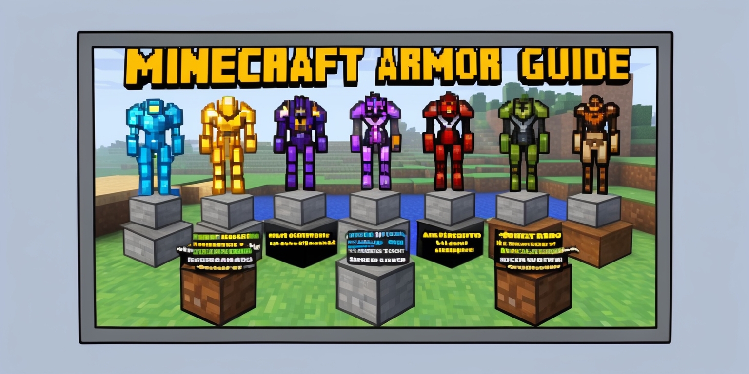 A colorful digital illustration of a Minecraft armor guide, featuring various sets of armor, including diamond, gold, and leather, showcased on stone or wooden pedestals, with a subtle Minecraft-themed background, including blocks, tools, and possibly a Creeper or Enderman, the armor sets are arranged in a neat and organized manner, with each piece clearly visible, the image includes text labels and descriptions in a bold, sans-serif font, with the title Minecraft Armor Guide in a larger, more prominent font, the overall style is reminiscent of the Minecraft game, with blocky textures and vibrant colors, the illustration is well-lit, with a slight glow effect on the armor pieces, and the entire scene is framed by a thin, gray border.
