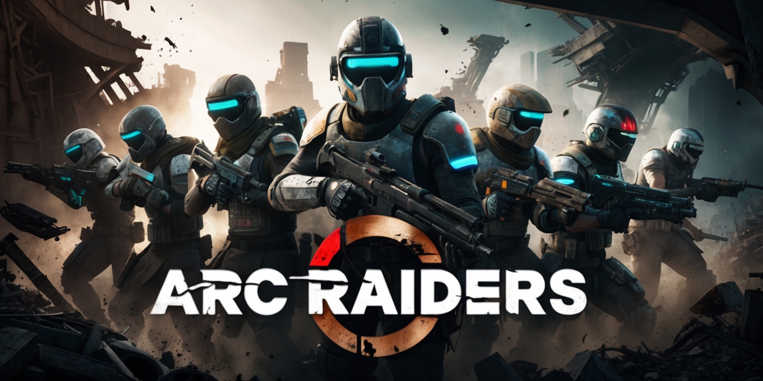 A futuristic sci-fi scene depicting a group of armed raiders in a post-apocalyptic world, set against a backdrop of ruins and destroyed machinery, with a focus on the Arc Raiders game's distinct aesthetic, featuring a mix of dark and muted colors, including shades of grey, brown, and black, with hints of neon blue and red accents, and a dramatic lighting effect, showcasing the raiders' unique armor and weapons, with facial features obscured by helmets and masks, and a sense of intense action and urgency, with debris and explosion effects scattered throughout the scene, and a bold, gritty typography in the foreground, displaying the game's logo in a metallic, distressed style.