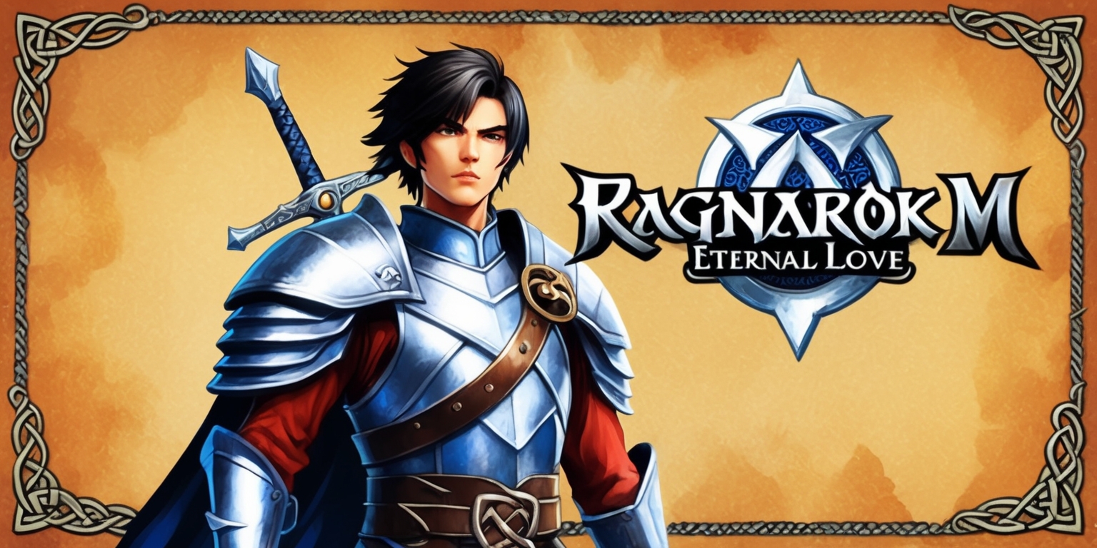 A nostalgic digital illustration of Ragnarok M: Eternal Love, a popular massively multiplayer online role-playing game, set against a warm, golden-brown background reminiscent of ancient parchment. In the foreground, a heroic warrior character stands proudly, clad in shimmering silver and blue armor, with a majestic sword slung over their shoulder and a determined expression on their face, featuring sharp jawlines, piercing brown eyes, and raven-black hair. The game's logo, Ragnarok M, appears prominently in bold, fantasy-style font with intricate Celtic knot patterns, in a metallic silver color that shines like moonlight, situated above the warrior's head. The overall art style blends vibrant, whimsical colors with subtle textures, evoking a sense of wonder and adventure. The illustration is framed by subtle, ornate borders adorned with Norse mythology-inspired motifs, complete with a worn, vintage feel.