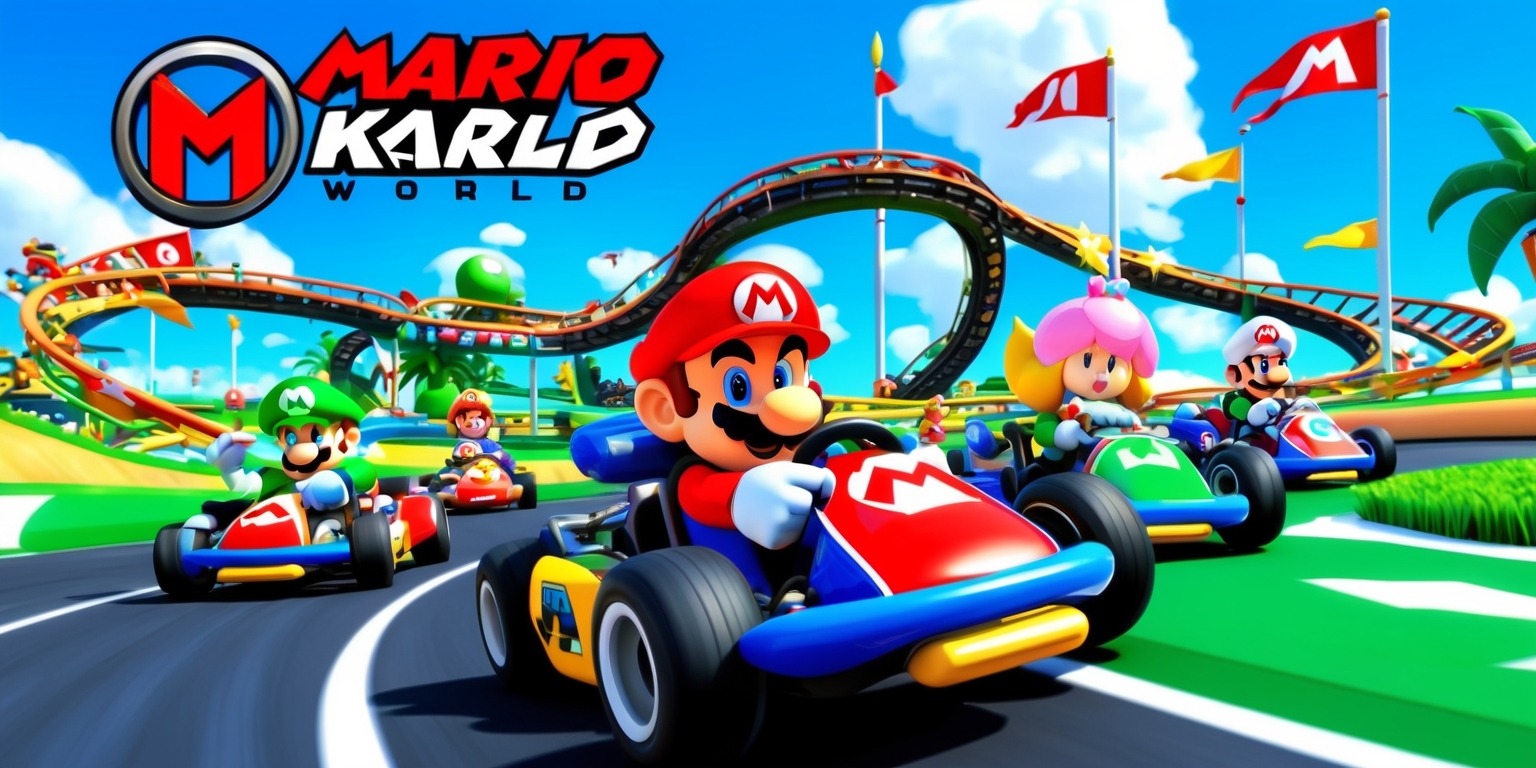 A vibrant, colorful illustration of the Mario Kart World game, set against a bright blue sky with fluffy white clouds, featuring iconic Nintendo characters like Mario, Luigi, Princess Peach, and Toad, each with distinct facial features and accessories, racing their karts on a winding, rollercoaster-like track with loop-the-loops, jumps, and power-up items scattered throughout, surrounded by lush green grass, palm trees, and flags with the Mario Kart logo, a red 'M' shaped like a steering wheel, in a bold, modern font, with a dynamic, action-packed composition and a sense of speed and excitement, capturing the thrill and fun of the popular video game.