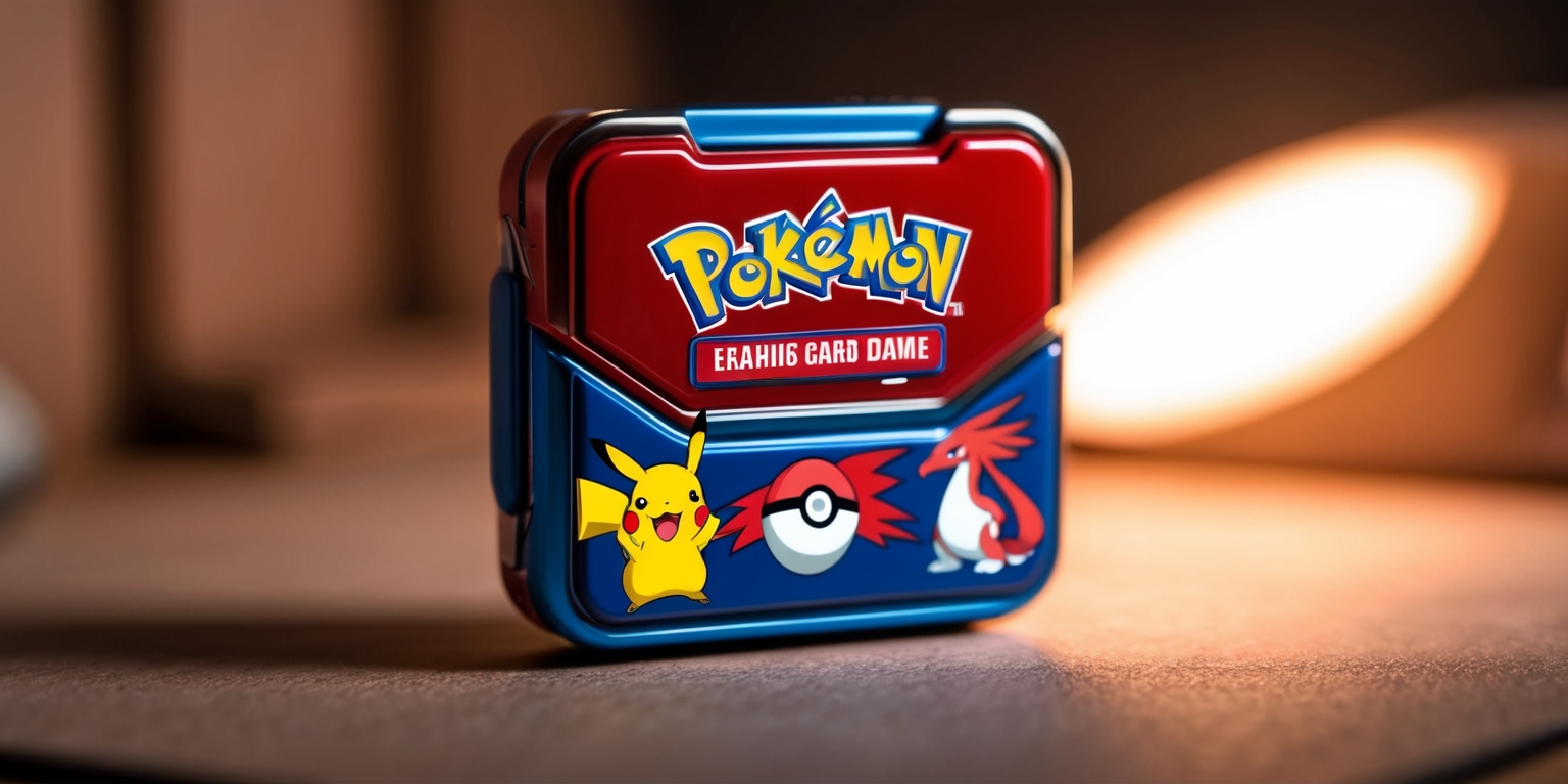 A miniature, compact, and intricately designed Pokémon Trading Card Game pocket game, featuring a dominant red and blue color scheme reminiscent of the classic Pokémon brand, with a sleek, modern aesthetic and subtle textures giving it a premium feel. The game's surface is adorned with iconic Pokémon characters, such as Pikachu and Charizard, in vibrant colors, with the Pokémon logo emblazoned prominently in bold, white, sans-serif font. The compact game is surrounded by a halo of soft, warm light, casting subtle shadows that accentuate its curves and details. In the background, a blurred, out-of-focus environment with subtle hints of wooden or cardboard textures, evoking a sense of tabletop gaming. The overall mood is inviting, nostalgic, and playful, capturing the magic of the Pokémon TCG.