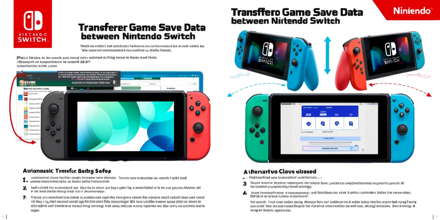 A detailed instructional manual for transferring game save data between Nintendo Switch consoles, featuring a step-by-step guide with visuals and text explanations, covering both automatic transfer during initial setup and alternative cloud-based retrieval methods, with clear headings, concise bullet points, and high-contrast colors to enhance readability, including screenshots of the Nintendo Switch console and its user interface, with a clean and modern layout, and a prominent Nintendo logo at the top, in a digital format with a white background and black text, and accents of Nintendo's signature red and blue colors.