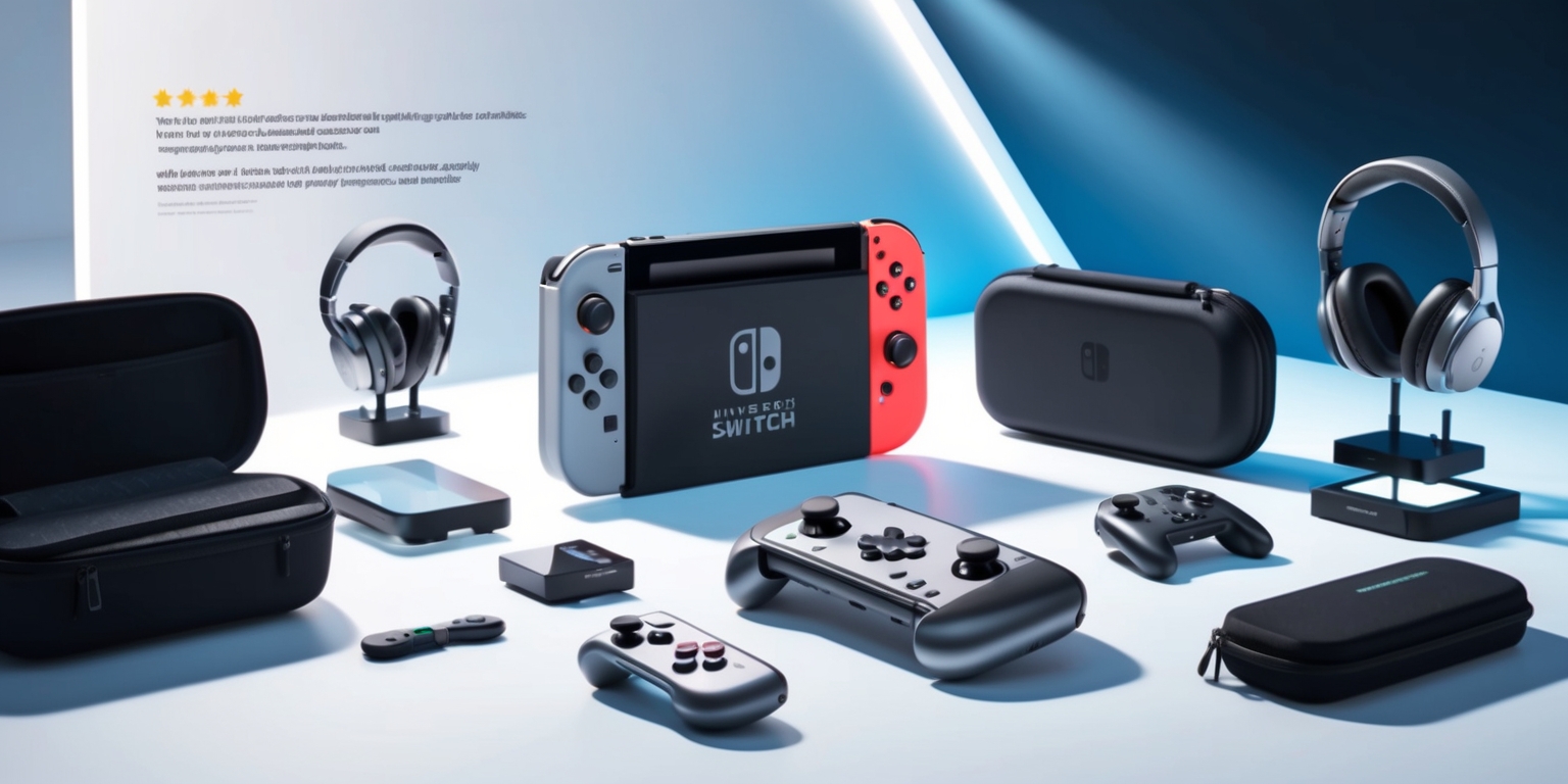 A futuristic, high-tech background with a clean and modern aesthetic, featuring a sleek, silver, and black Nintendo Switch 2 console prominently centered, surrounded by various cutting-edge accessories such as wireless controllers, high-fidelity headphones, and premium carrying cases, all beautifully lit with soft, subtle shadows, against a gradient of deep blues and whites evoking a sense of innovation and technology, with a few review quotes and ratings subtly integrated into the composition in a bold, sans-serif font with a metallic finish, adding a touch of professionalism and authority to the overall design.