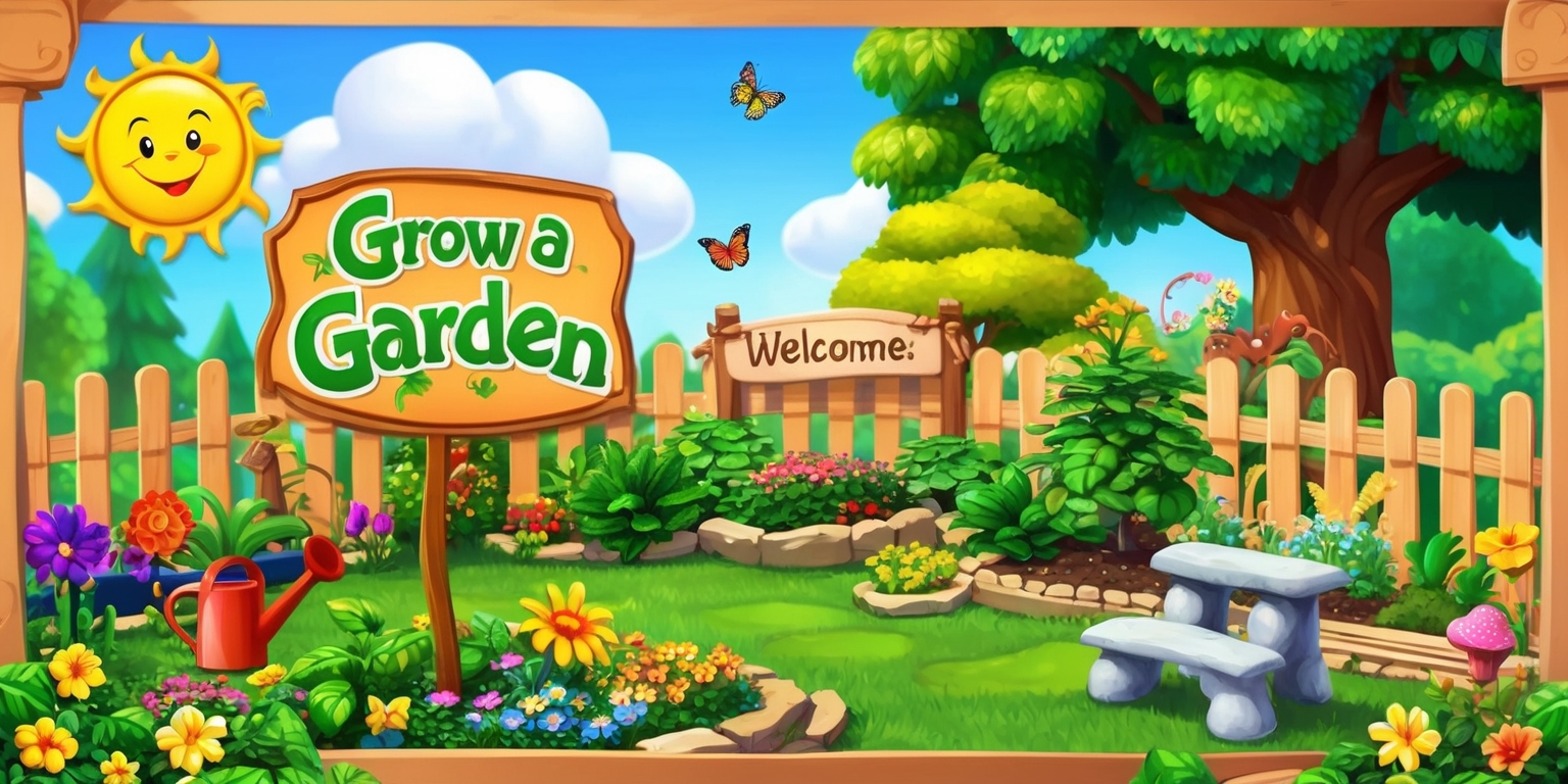 A vibrant and whimsical illustration of a virtual garden from the Grow a Garden game, with lush green plants, colorful flowers, and towering trees, set against a warm and sunny background with fluffy white clouds, featuring a variety of garden tools and decorative items, such as a watering can, a gardening glove, and a stone bench, with a few hidden garden gnomes and butterflies, all surrounded by a beautiful wooden fence with a welcome sign that reads Grow a Garden in bold, curly letters, with the game's logo, a smiling sun, prominently displayed in the top left corner.