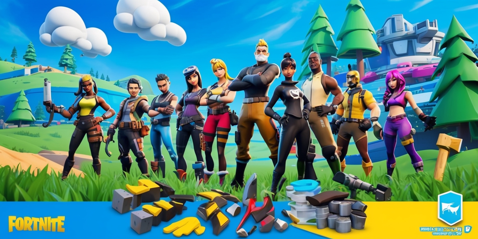 A vibrant and dynamic digital artwork depicting a scene from the popular video game Fortnite, featuring a group of diverse characters with unique outfits and accessories, set against a backdrop of a stylized and colorful landscape with rolling hills, tall trees, and futuristic architecture, with a bright blue sky and fluffy white clouds, and in the foreground, a mix of realistic and cartoonish elements, such as pickaxes, guns, and building materials, with bold lines, sharp textures, and vivid colors, including shades of blue, green, yellow, and orange, and incorporating the game's signature visual style, with a focus on action, adventure, and excitement, and a sense of energy and movement, with characters showcasing various facial expressions and emotions, including excitement, determination, and joy.