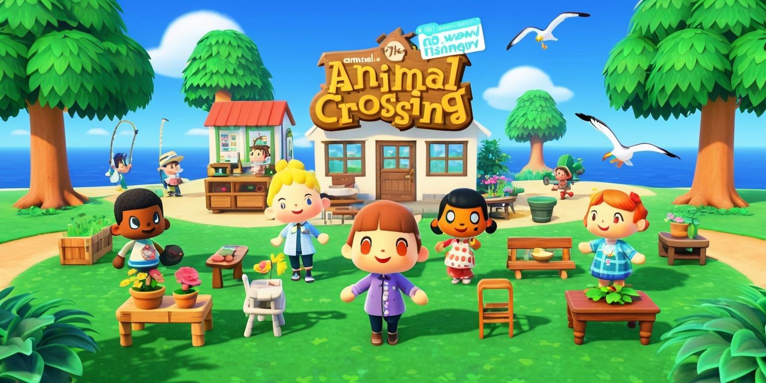 A vibrant and colorful video game scene from Animal Crossing: New Horizons, set on a virtual island with lush green grass, tall trees, and a bright blue sky, featuring Tom Nook's shop in the background, with various characters such as Tom Nook, Isabelle, and K.K. Slider, each with their unique facial features and colorful outfits, surrounded by furniture and decorations, with a few villagers fishing, gardening, or socializing, and a few seagulls flying overhead, all rendered in a charming and whimsical art style, with bold lines, soft textures, and a warm color palette, capturing the relaxing and entertaining atmosphere of the game.