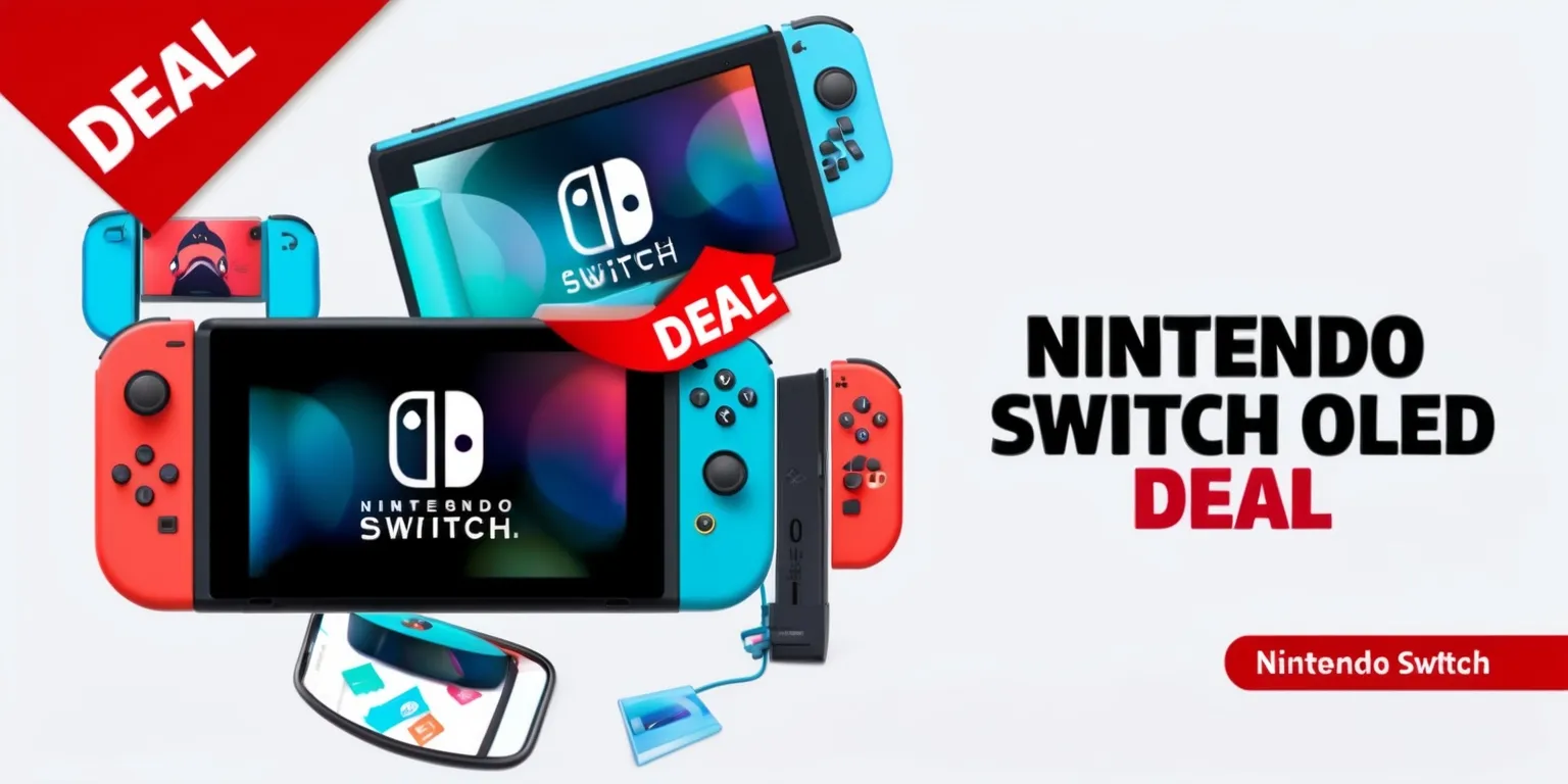 A colorful digital illustration of a Nintendo Switch OLED model on a clean white background, with a deal tag and a red discount sticker overlaid on the console, surrounded by vibrant gaming accessories and subtle Nintendo logos, the Switch screen displays a popular game screenshot, the overall style is modern and sleek with a focus on the console's sleek design and OLED screen, the color palette includes Nintendo's signature red, blue, and white hues, with bold black text in a modern sans-serif font reading Nintendo Switch OLED Deal in the top left corner, and a smaller call-out in the bottom right corner with the deal details in a curved line following the shape of the Switch.