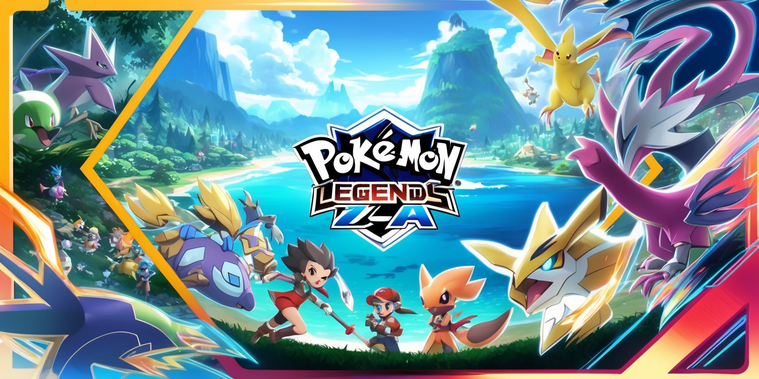 A vibrant, action-packed scene depicting the world of Pokémon Legends: Z-A, with a dynamic layout and framing that showcases the game's exciting adventures, featuring a diverse range of Pokémon and their trainers, set against a stunning backdrop of lush forests, vast oceans, and towering mountains, with bold lines, bright colors, and intricate details that bring the game's unique art style to life, including the two main legendaries, with distinctive facial features, and unique attributes that reflect their mythological origins, and incorporating the game's logo, a stylized, silver crest with a bold, blue font, and the title Pokémon Legends: Z-A, in a modern, futuristic font, with a metallic sheen, and a subtle gradient effect that gives the image a sense of depth and dimensionality.