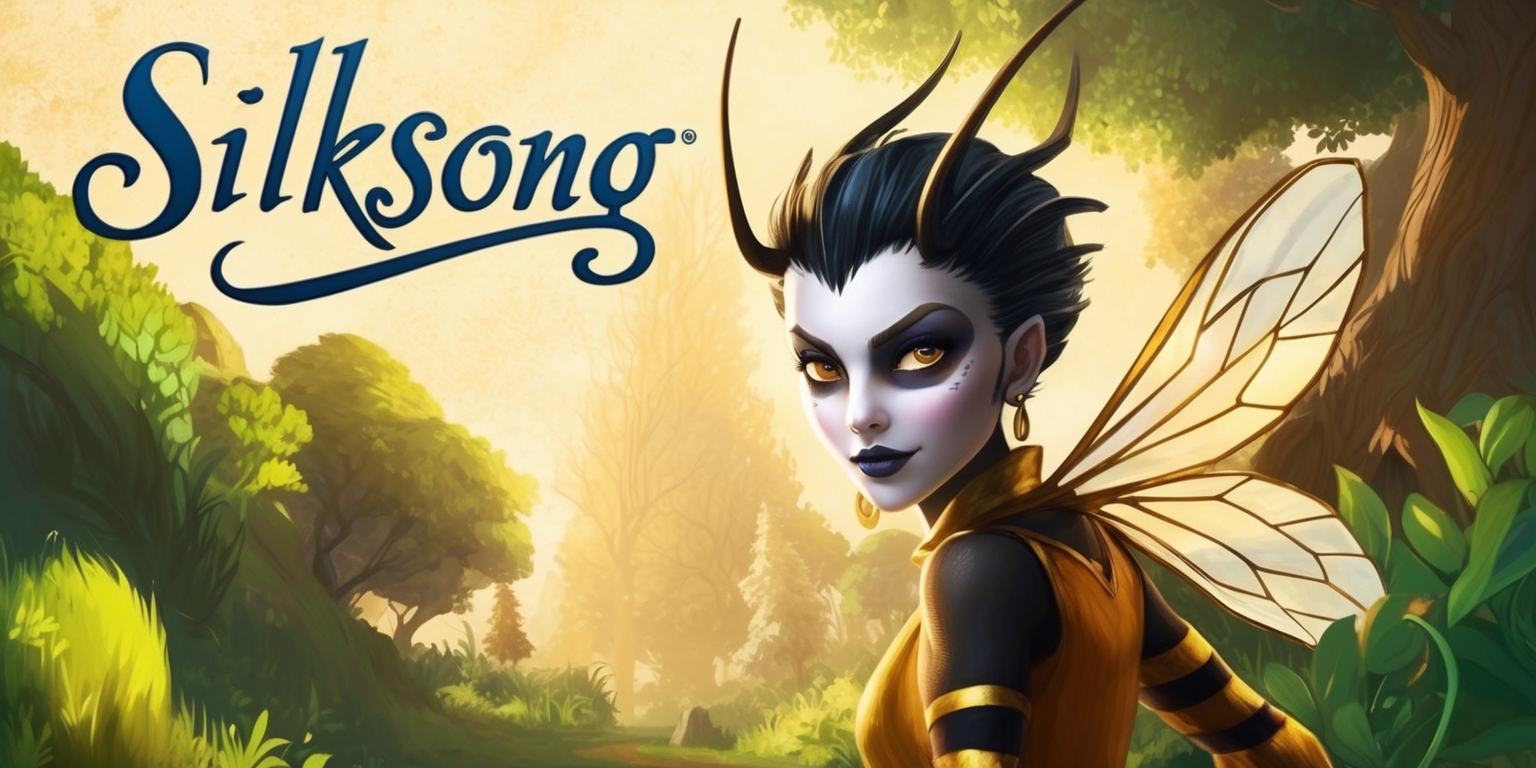 A beautifully illustrated scene from the Silksong game, set in a lush, vibrant world with intricate details, featuring the game's protagonist, Hornet, with her striking facial features, pale skin, and distinctive hairstyle, surrounded by lush greenery and towering trees, with a warm, golden light casting a glow on the entire scene, and a subtle, hand-drawn texture giving the image a unique, whimsical feel, with the game's title, Silksong, written in elegant, cursive script at the top of the image, in a rich, dark blue color that complements the earthy tones of the scene.