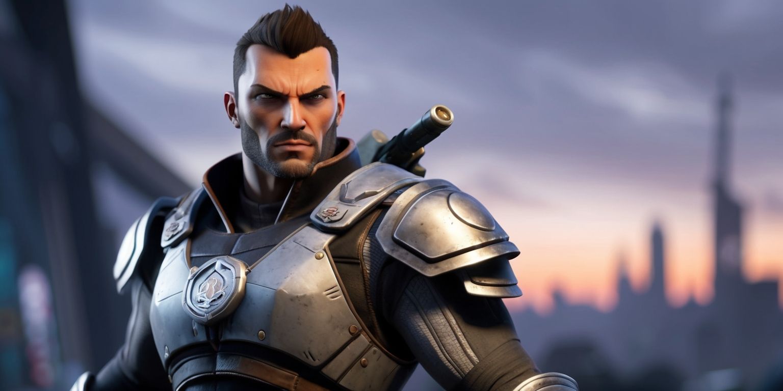 A rugged tactical strategy game character with a strong facial structure, sharp jawline, and piercing brown eyes, stands in a heroic pose, wearing a mixture of metallic and leather armor, with a silver badge on their chest, and a determined expression, set against a blurred backdrop of a futuristic cityscape at dusk with hints of orange and purple in the sky, the character's attire is a combination of dark greys and blacks, with metallic accents of silver and gold, their hair is short and styled in a practical manner, with a few strands falling across their forehead, the overall style is reminiscent of a sci-fi action film, with clean lines, bold shapes, and a sense of dynamic energy.