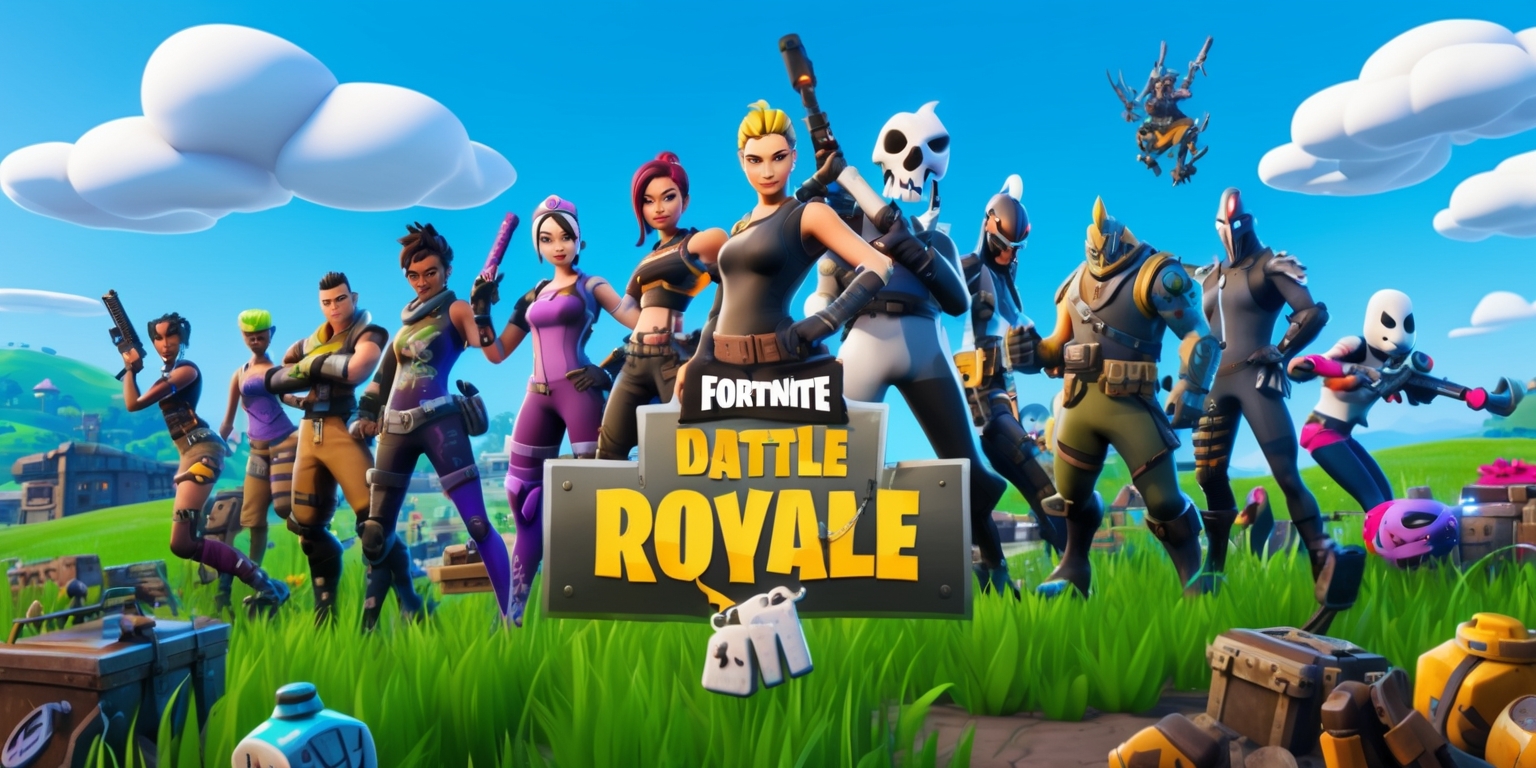 A vibrant, action-packed scene depicting the popular online multiplayer game Fortnite, featuring a mix of cartoonish and realistic elements, set against a bright blue sky with fluffy white clouds, showcasing a group of diverse characters, each with distinct facial features, skin tones, and outfits, such as default skins like Jonesy and Renegade Raider, or more elaborate outfits like the Skull Trooper or Ragnarok, amidst a sprawling, colorful landscape with rolling hills, abandoned buildings, and loot-filled chests, amidst the chaos of an ongoing battle, with a blend of fantasy and sci-fi elements, like fantastical creatures and advanced technology, all rendered in a stylized, cell-shaded art style with bold lines and vibrant colors, evoking a sense of excitement, adventure, and friendly competition.