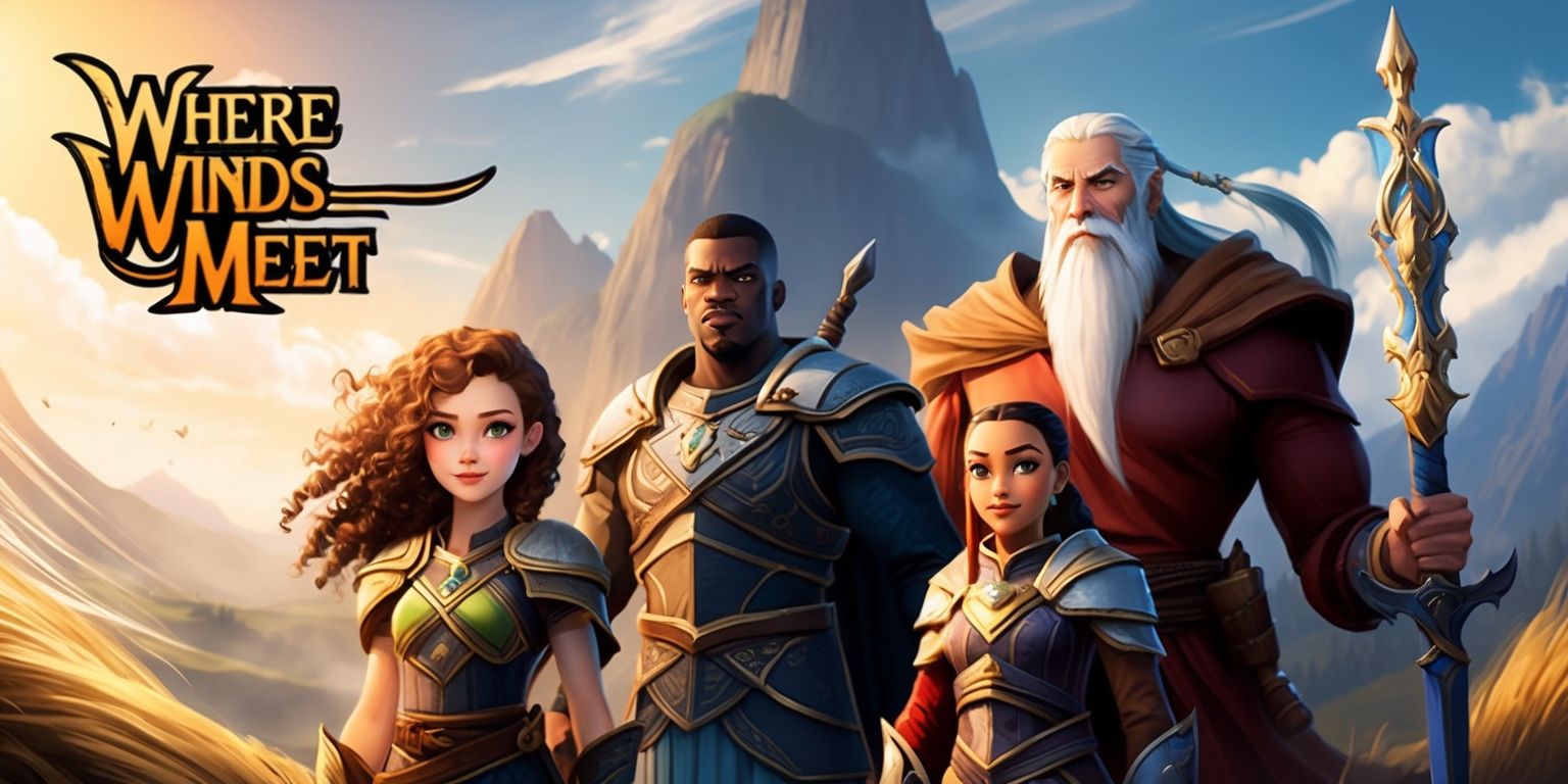 A fantasy role-playing game scene titled Where Winds Meet, featuring a mystical atmosphere with swirling winds, set against a backdrop of towering mountains and vast skies, with warm golden light casting a glow on the landscape, and a group of adventurers from diverse backgrounds standing together, including a young woman with long curly brown hair and bright green eyes, a tall muscular man with dark skin and a strong jawline, and an older wise-looking man with a long white beard and piercing blue eyes, all dressed in intricately designed armor and wielding unique magical weapons, with the game's logo, a stylized lettering with bold font and curved lines, prominently displayed in the top left corner of the image, in a vibrant color scheme that blends earthy tones with radiant blues and golds.