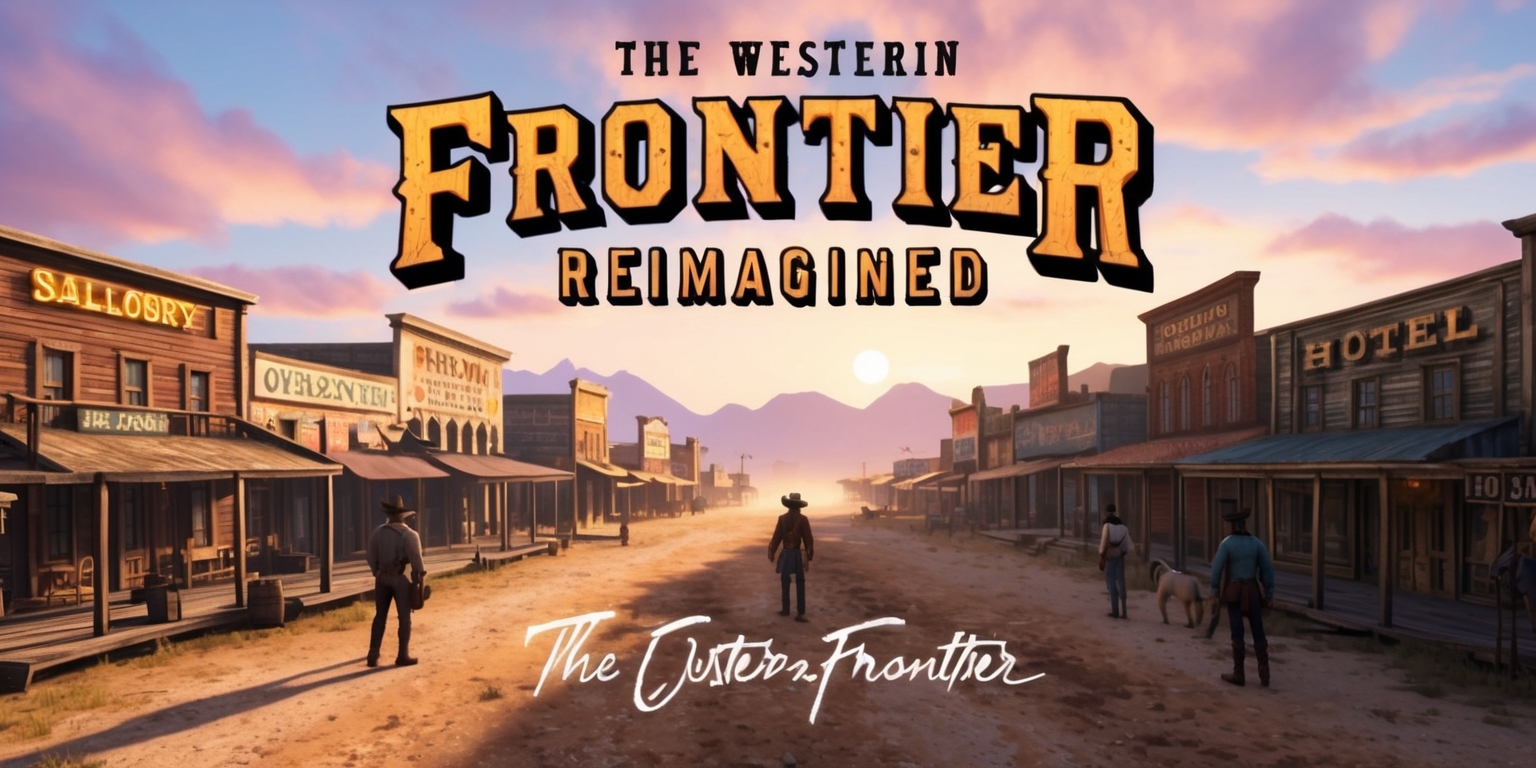 A sprawling digital landscape of the Western Frontier Reimagined game, set against a warm sunset backdrop with hues of orange, pink, and purple, featuring a dusty main street lined with old saloons, general stores, and hotels, with cowboy figures in the distance, dressed in worn leather and denim, their faces weathered from the sun, with a large, bold, golden font logo of the game's title emblazoned across the top of the image, in a classic, serif style, with subtle texture to resemble worn wood, and a tagline written in a smaller, cursive script below, with a faint, gradient effect to give it a sense of depth and dimensionality.