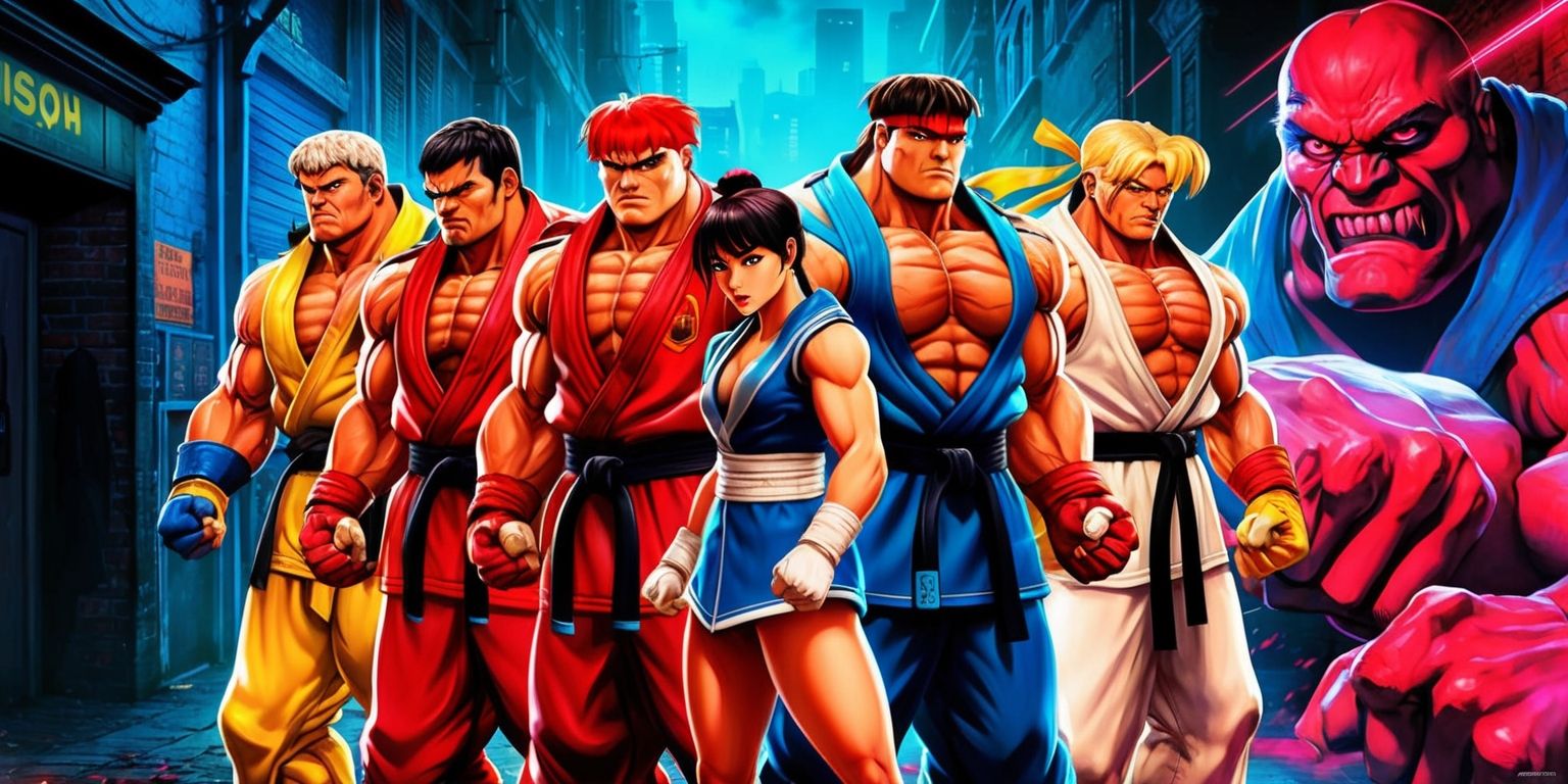 A vibrant and dynamic illustration of the iconic characters from the Street Fighter movie, set against a gritty urban backdrop with a mix of dark alleys and neon-lit streets, featuring Ryu and Ken Masters standing back to back, ready for battle, with Chun-Li and Guile standing strong in the foreground, while the menacing figure of M. Bison looms in the shadows, with a bold color palette dominated by shades of red, blue, and yellow, and a stylized aesthetic that blends martial arts and science fiction elements, with intricate details on the characters' facial features, muscles, and costumes, and a sense of intense energy and movement captured in the scene.